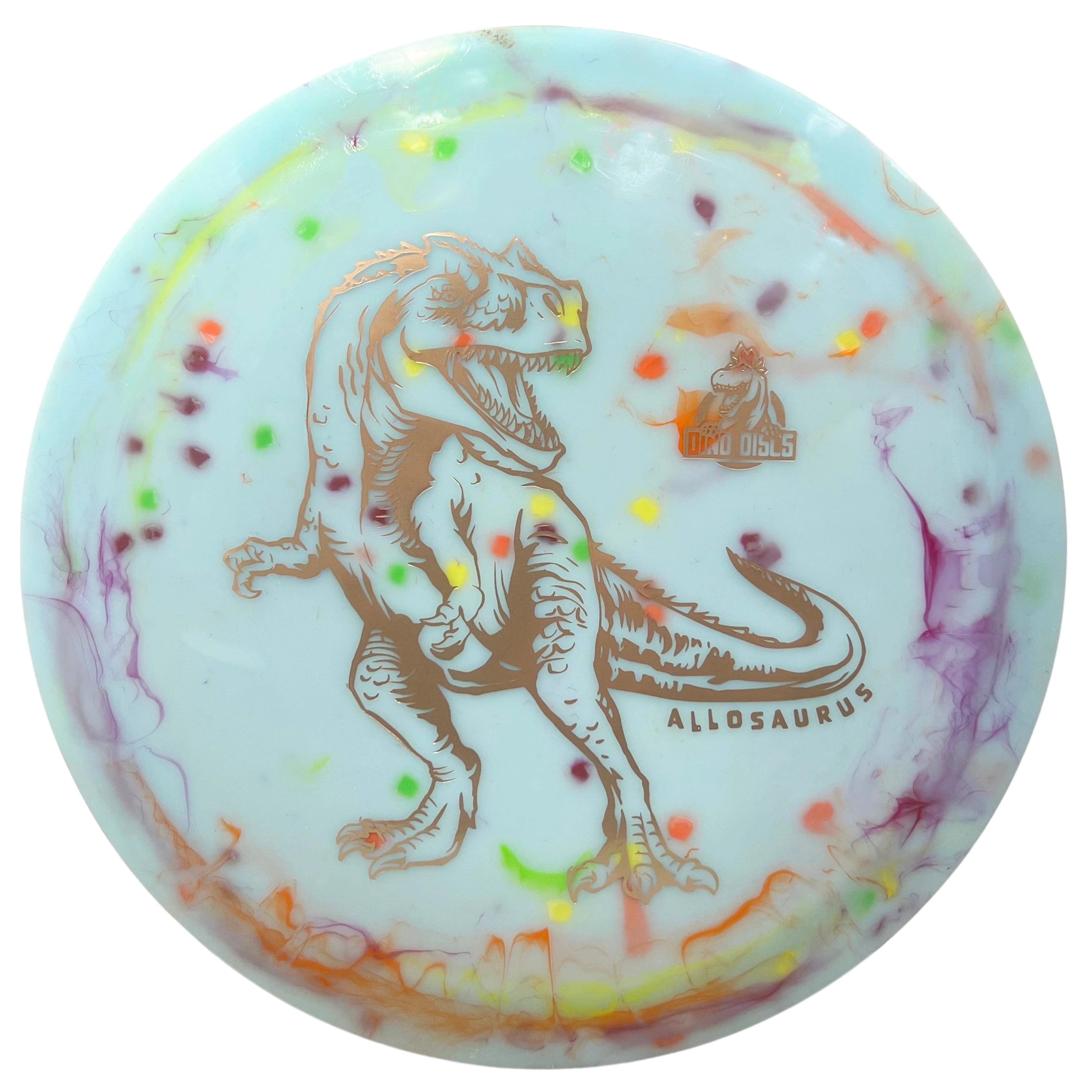Light blue disc golf disc with dinosaur graphic.